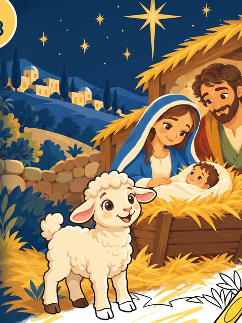 Benny the Lamb beside the manger with Mary, Joseph and baby Jesus