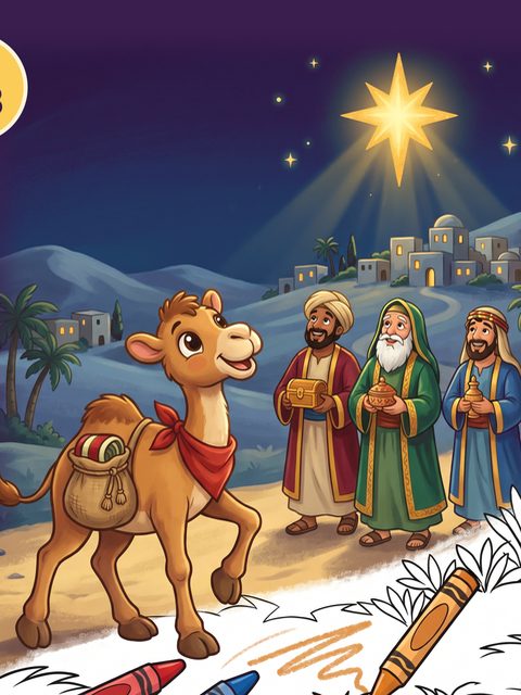 Caramel the Camel walking with the wise men under the Christmas star