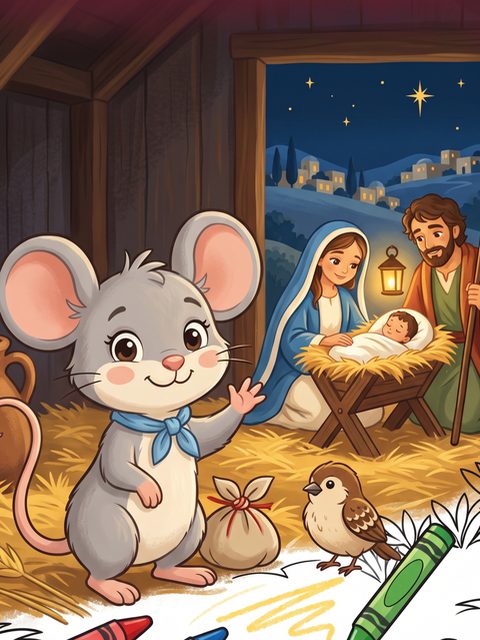 Mila the Mouse waving in the stable, with Mary, Joseph and baby Jesus behind her